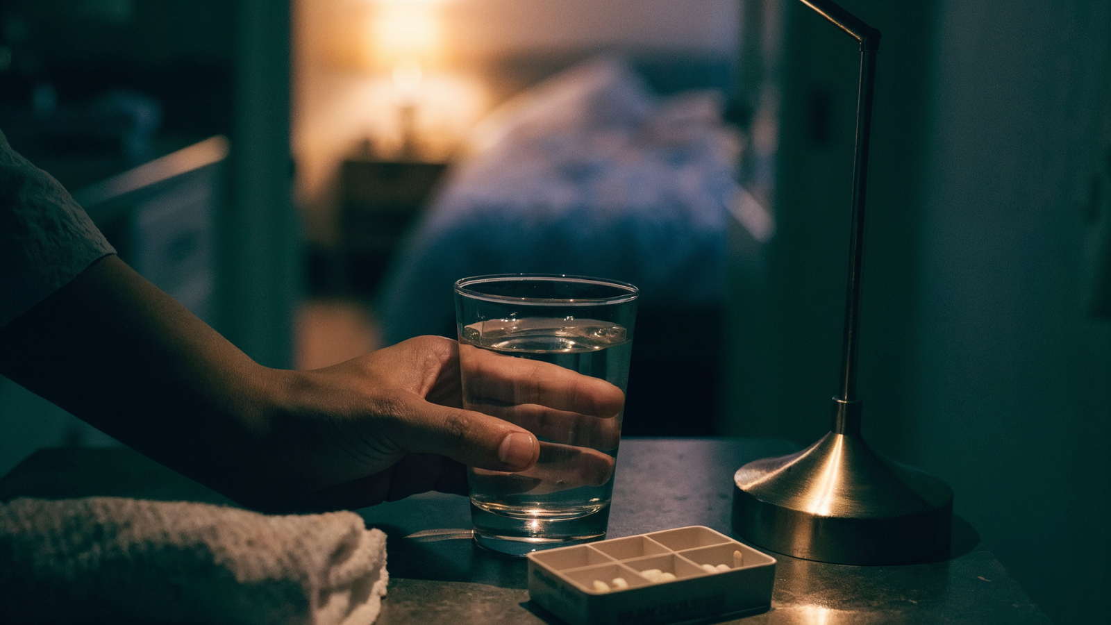 Gece yarısı loş mutfakta su bardağı tutan el; tezgâhta ilaç kutusu, kapı aralığından yatak odası lambasının sıcak ışığı. Yüz yok.