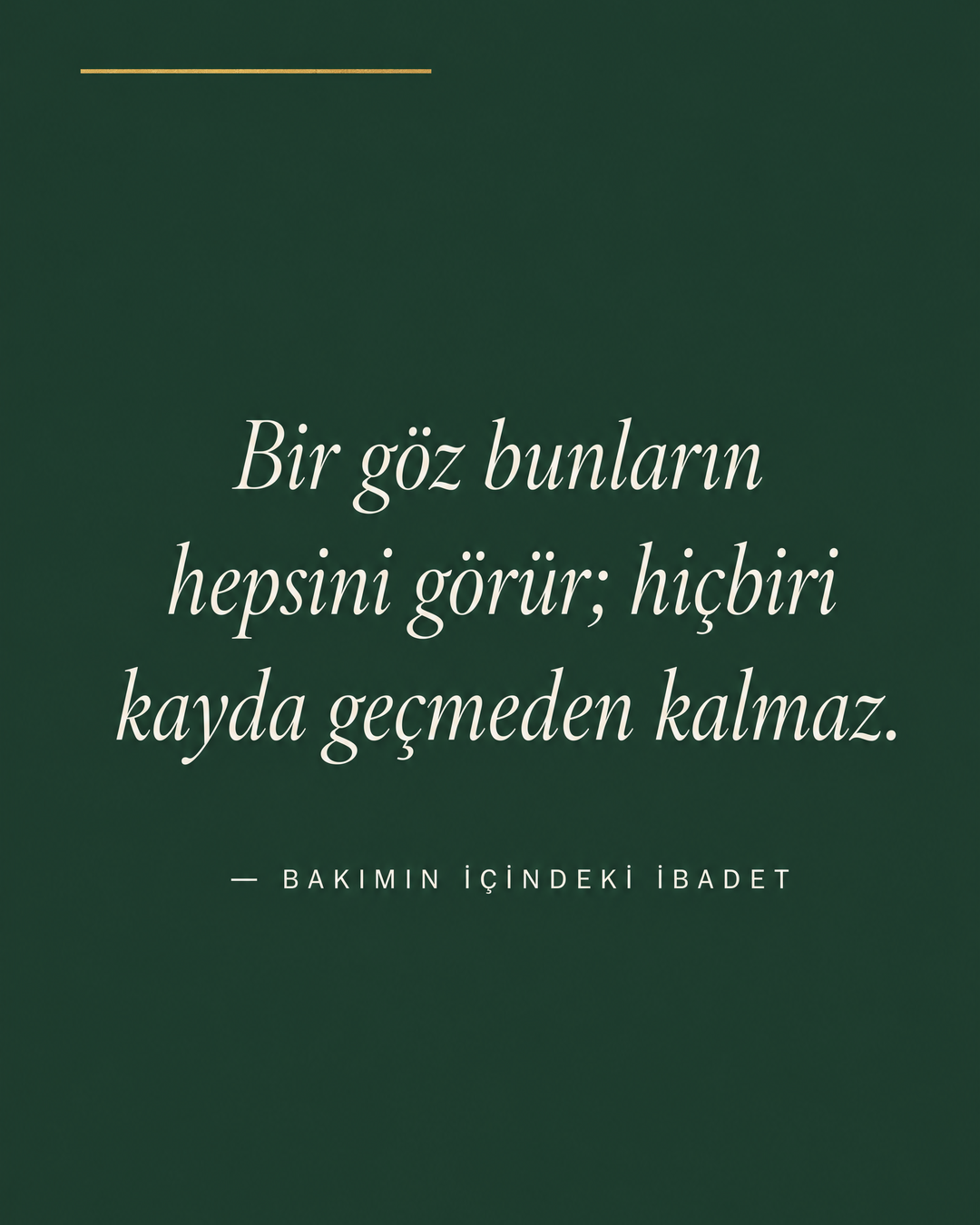 Forest Green zeminde beyaz italik alıntı: Bir göz bunların hepsini görür; hiçbiri kayda geçmeden kalmaz. — Bakımın içindeki ibadet