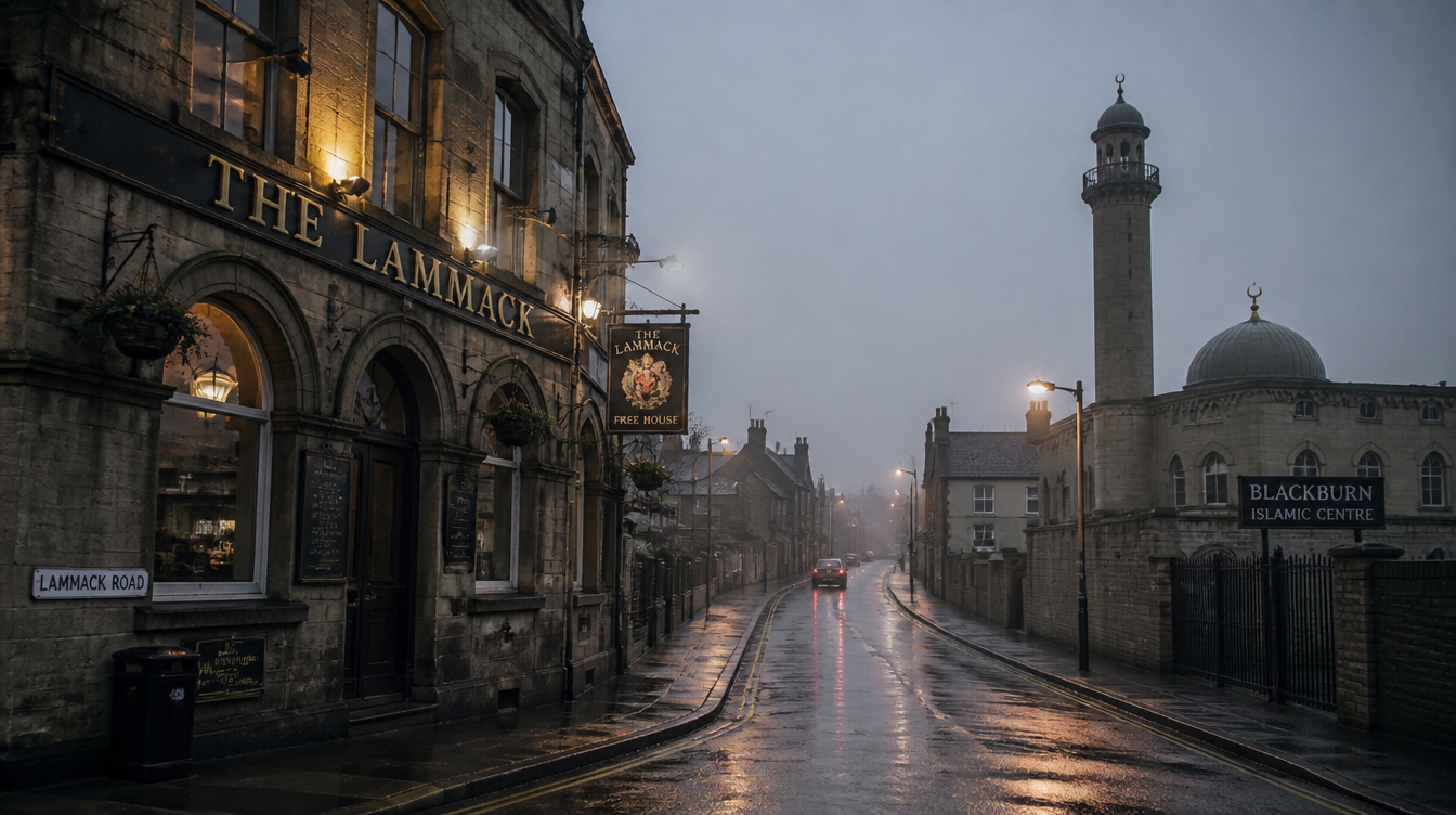 Yağmurlu akşam ışığında Blackburn'ün Lammack Road sokağı. Sol kadrajda Victorian kırmızı tuğla köşe pub binası, üstünde 'THE LAMMACK FREE HOUSE' tabelası ve süslemeli demir feneri. Karşı kaldırımda kubbeli ve uzun minareli 'BLACKBURN ISLAMIC CENTRE' binası. Ortada ıslak yol bir aracın stop ışıklarını yansıtıyor. Gri akşam göğü, atmosferik sis. İnsan yok, yüz yok — documentary fotoğraf disiplini.