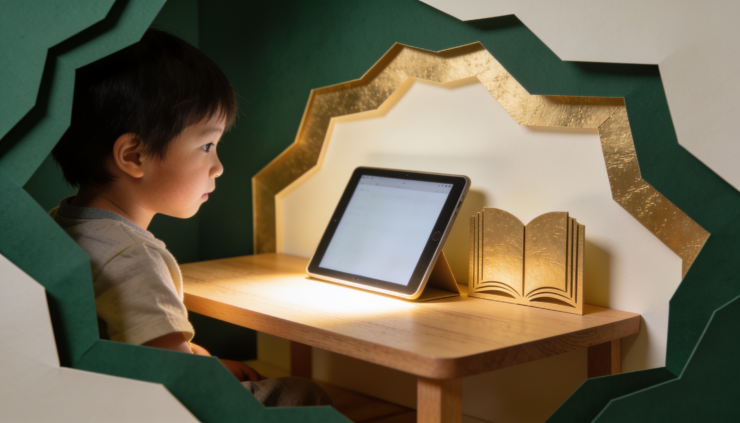 Alçak bir masada yumuşak ışıkla parlayan tablet ve açık kitap motifi