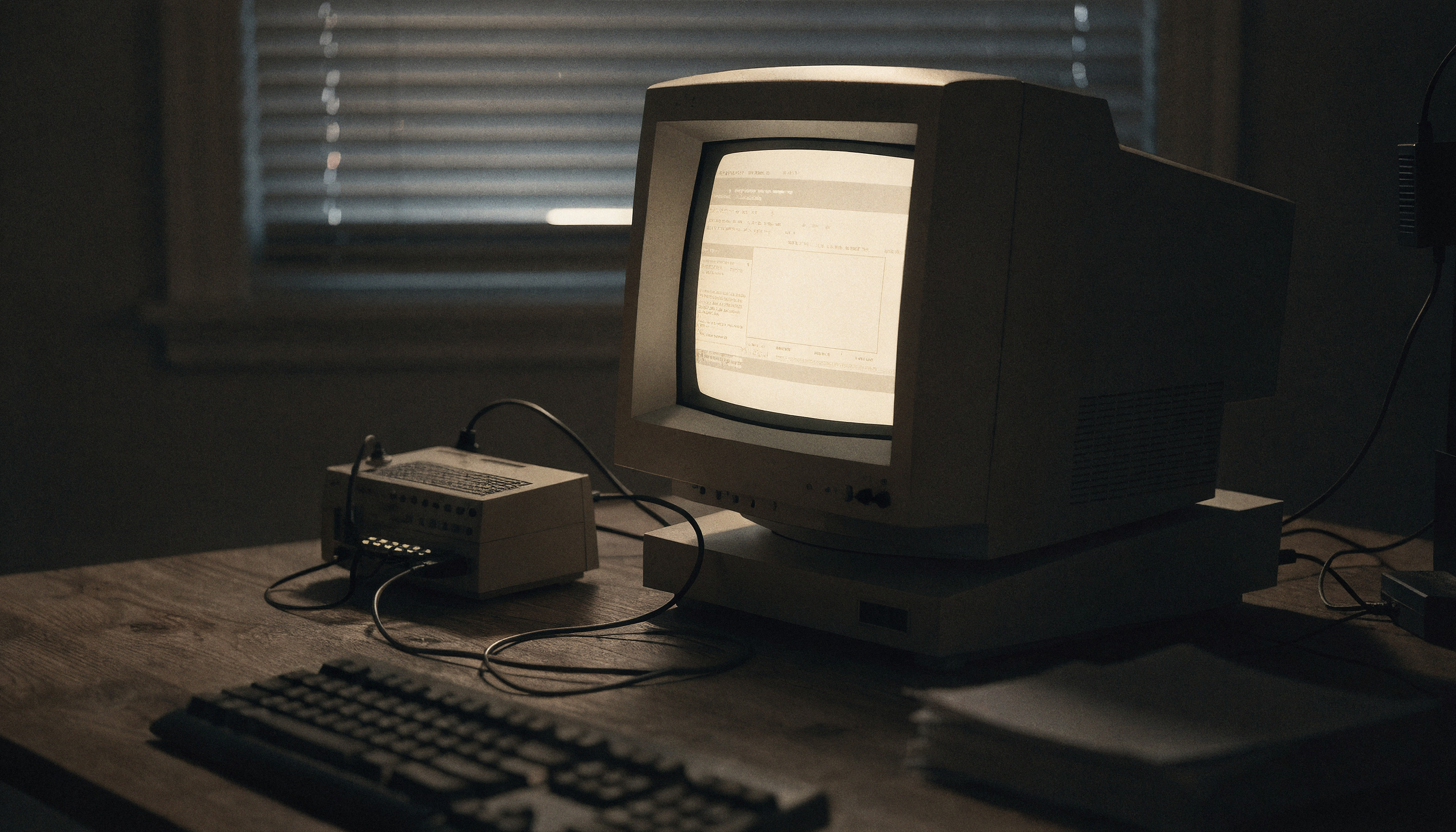 Karanlık bir odada parlayan eski bir bilgisayar ekranı ve modem, 1990'lar atmosferi