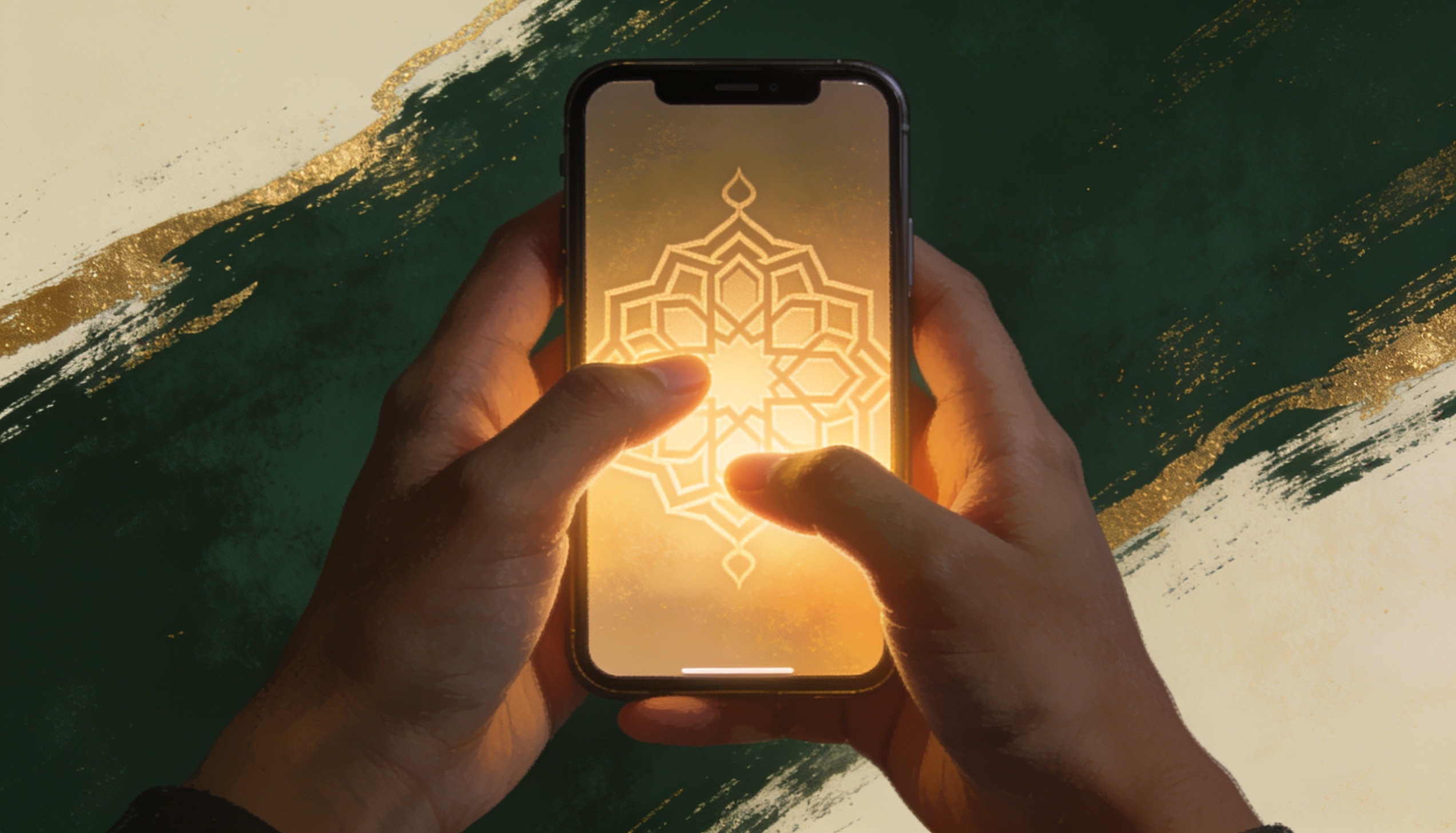 Üzerinde İslami geometrik desen parlayan bir telefonu tutan eller