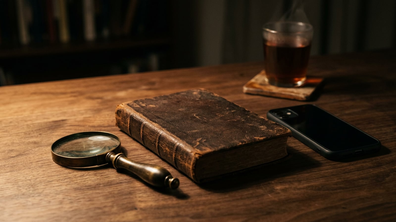 Koyu ahşap bir masada pirinç bir büyüteç, kapağı yazısız eski deri ciltli bir kitap ve ters çevrilmiş bir telefon