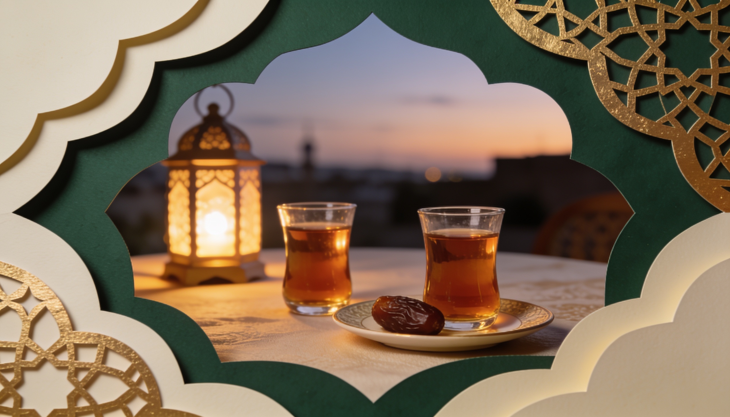Akşam vakti iftar sofrası, iki çay bardağı ve bir fener — yeni bir aile bağı