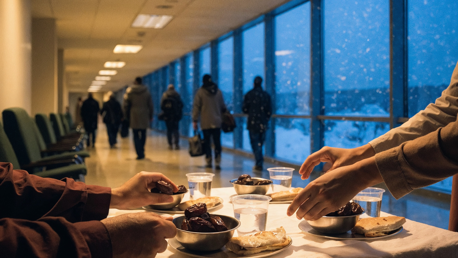 Karlı pencereli hastane koridorunda iftar tepsileri hazırlayan eller: hurma kaseleri, su bardakları; koridorda flu silüetler. Yüz yok.
