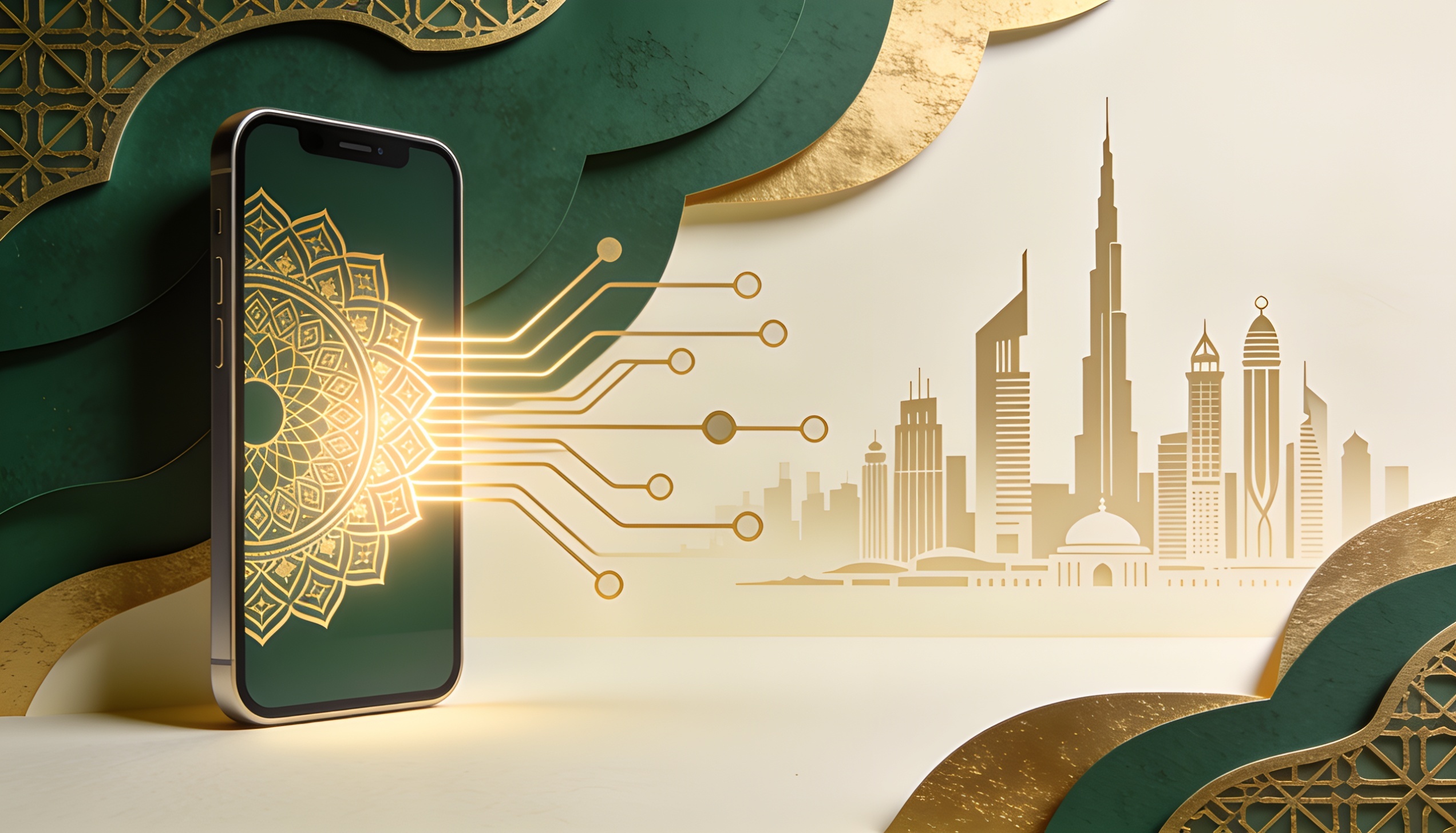 Ekranında İslami geometrik desen olan bir telefon ve Körfez silüeti — faizsiz dijital finans