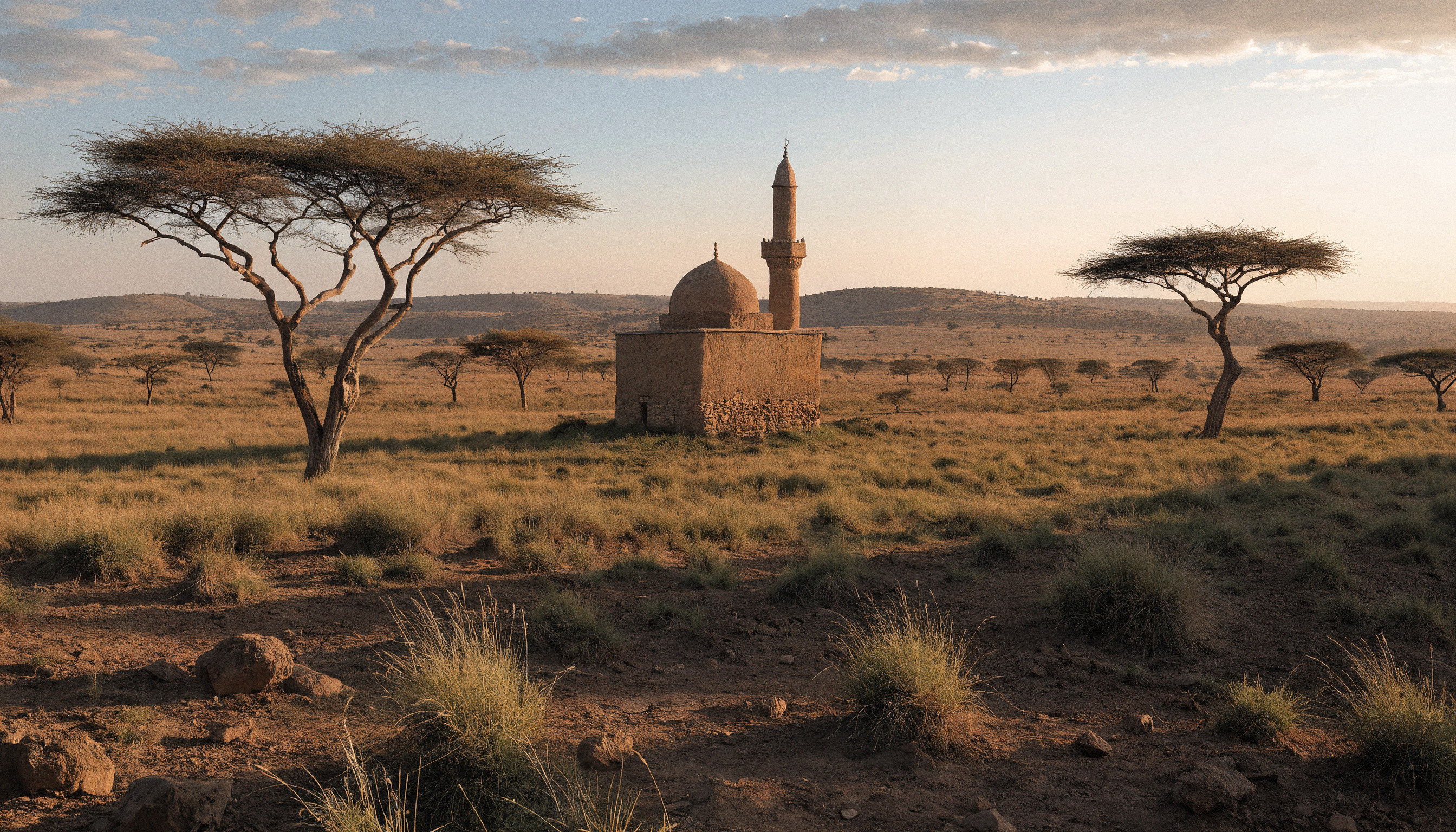Altın saatte Afrika savanı, akasya ağaçları ve hilalli minaresiyle küçük bir cami