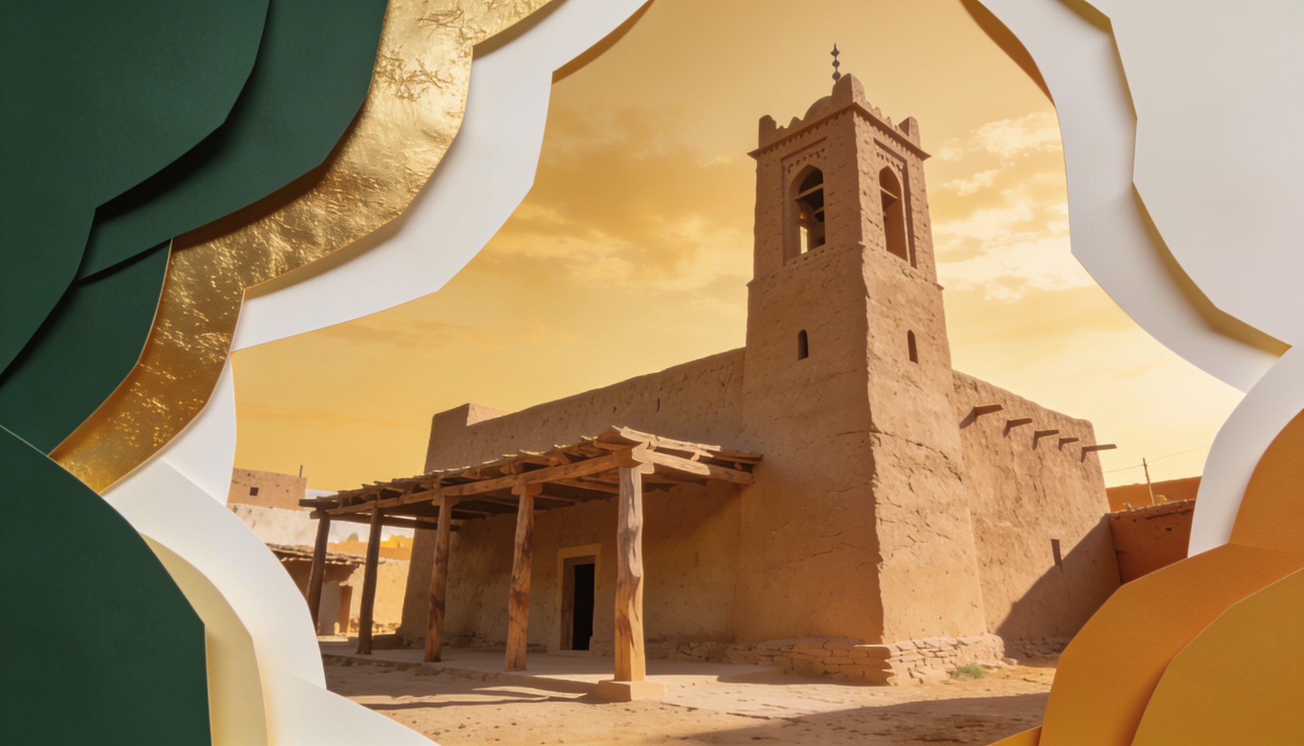 Çamurdan örülmüş, ahşap kirişli geleneksel bir cami, geniş gökyüzü altında