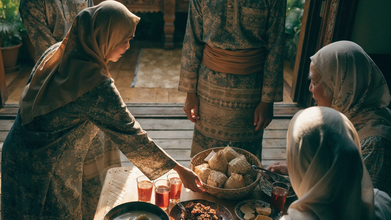Açık kapı önünde bayram sofrası: ketupat sepeti, ikramlar ve şerbet bardakları çevresinde üç kuşaklı aile; figürler arkadan ve yandan, yüzler kadraja dönük değil. Sıcak ikindi ışığı.