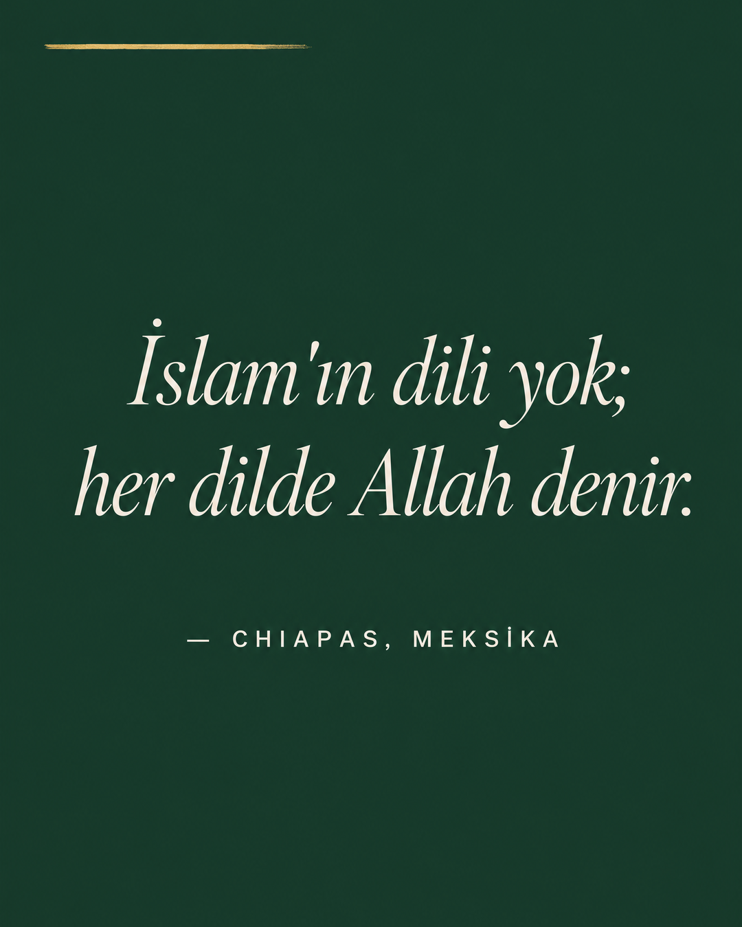 Forest Green zeminde beyaz italik alıntı: İslam'ın dili yok; her dilde Allah denir. — Chiapas, Meksika