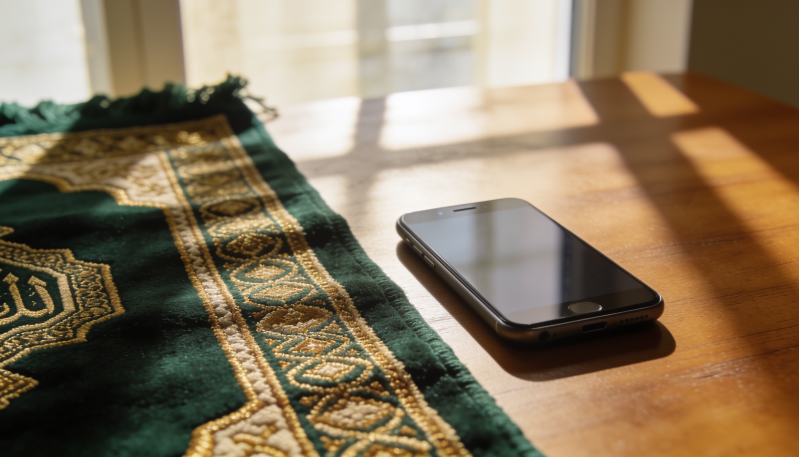 Ahşap bir masada yeşil-altın bir seccade ve modern bir telefon, pencere ışığı