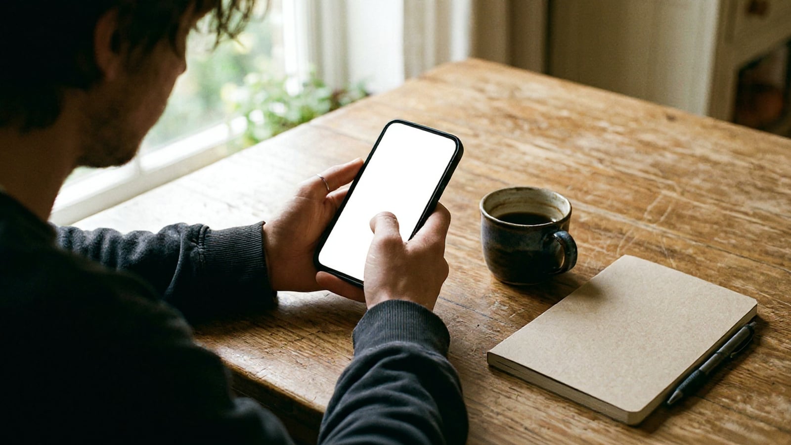 Mutfak masasında telefonuna bakan bir genç — yanında kahve fincanı ve kapalı bir defter