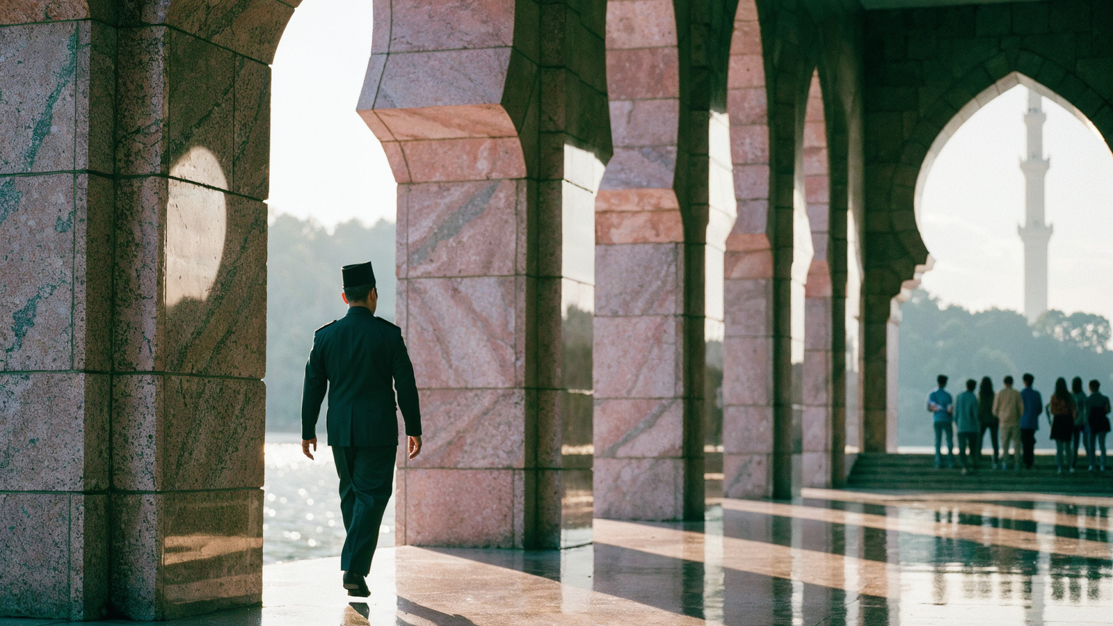 Putra Camii'nin pembe granit revakında songkok'lu görevli, girişte bekleyen ziyaretçi silüetlerine doğru yürüyor; kemerlerin ardında göl ışığı. Yüz yok.
