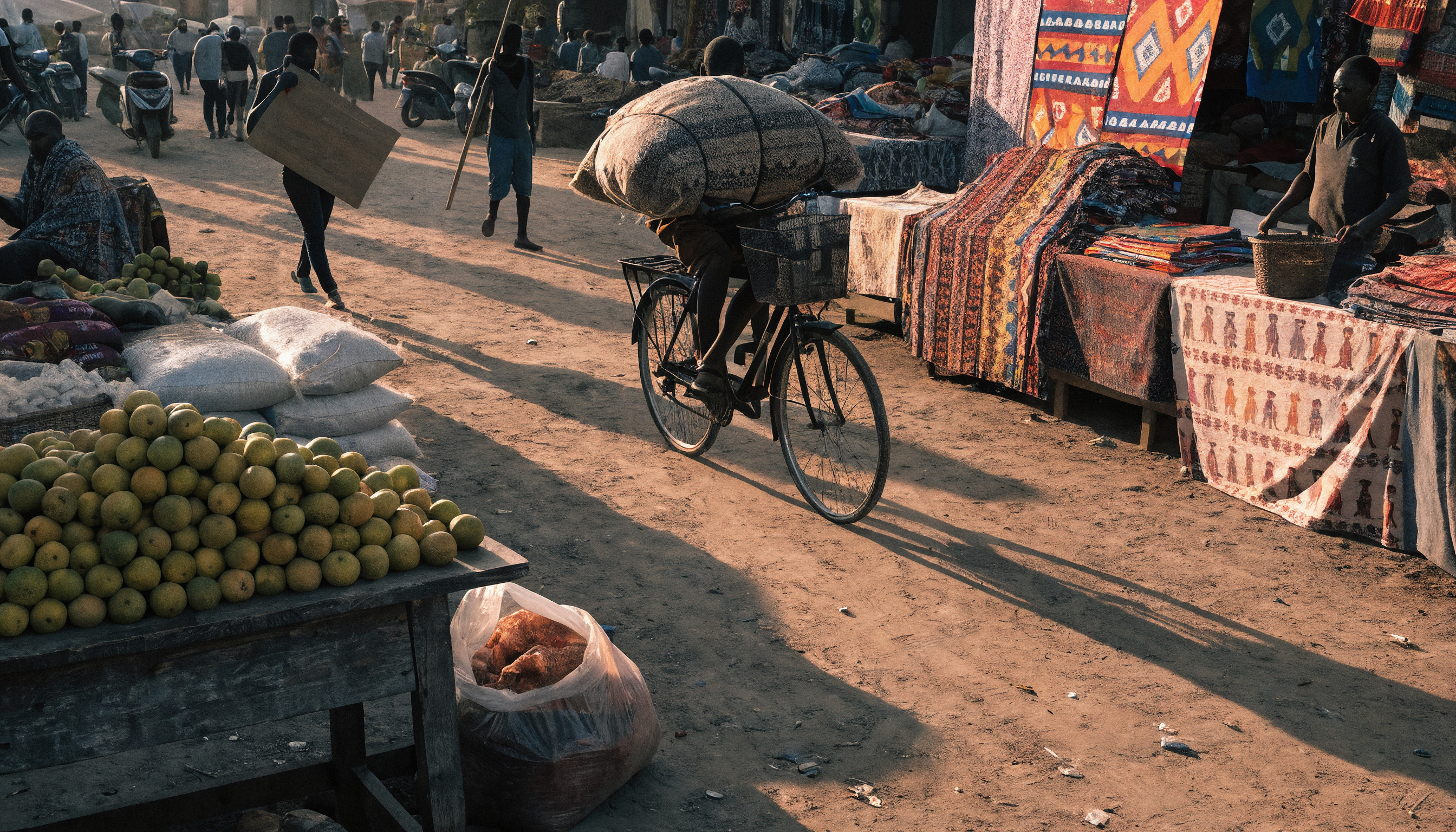 Batı Afrika kıyısında örme sepetler, balıkçı tekneleri ve baobab silüeti — değere dayalı geçim