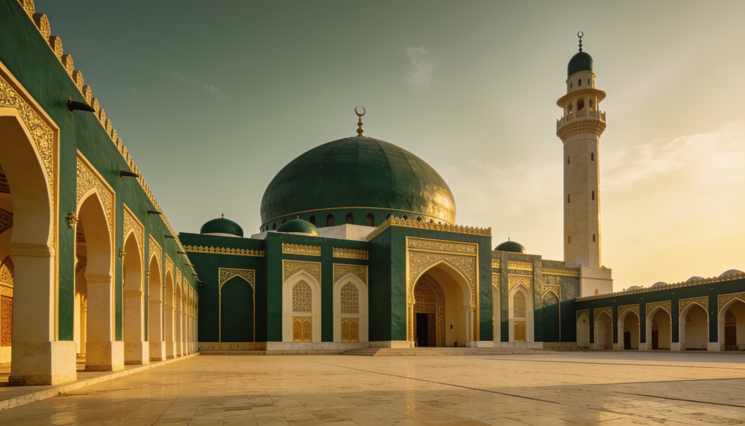 Touba'nın geniş cami avlusu ve beyaz kubbeli Grand Mosque silueti. Ön planda sıcak güneşte taş döşeme, uzakta beyaz cübbeli figürler. Doğal Afrika güneşi, açık gök. İnsan yüzleri çerçevelenmemiş — documentary fotoğraf disiplini.