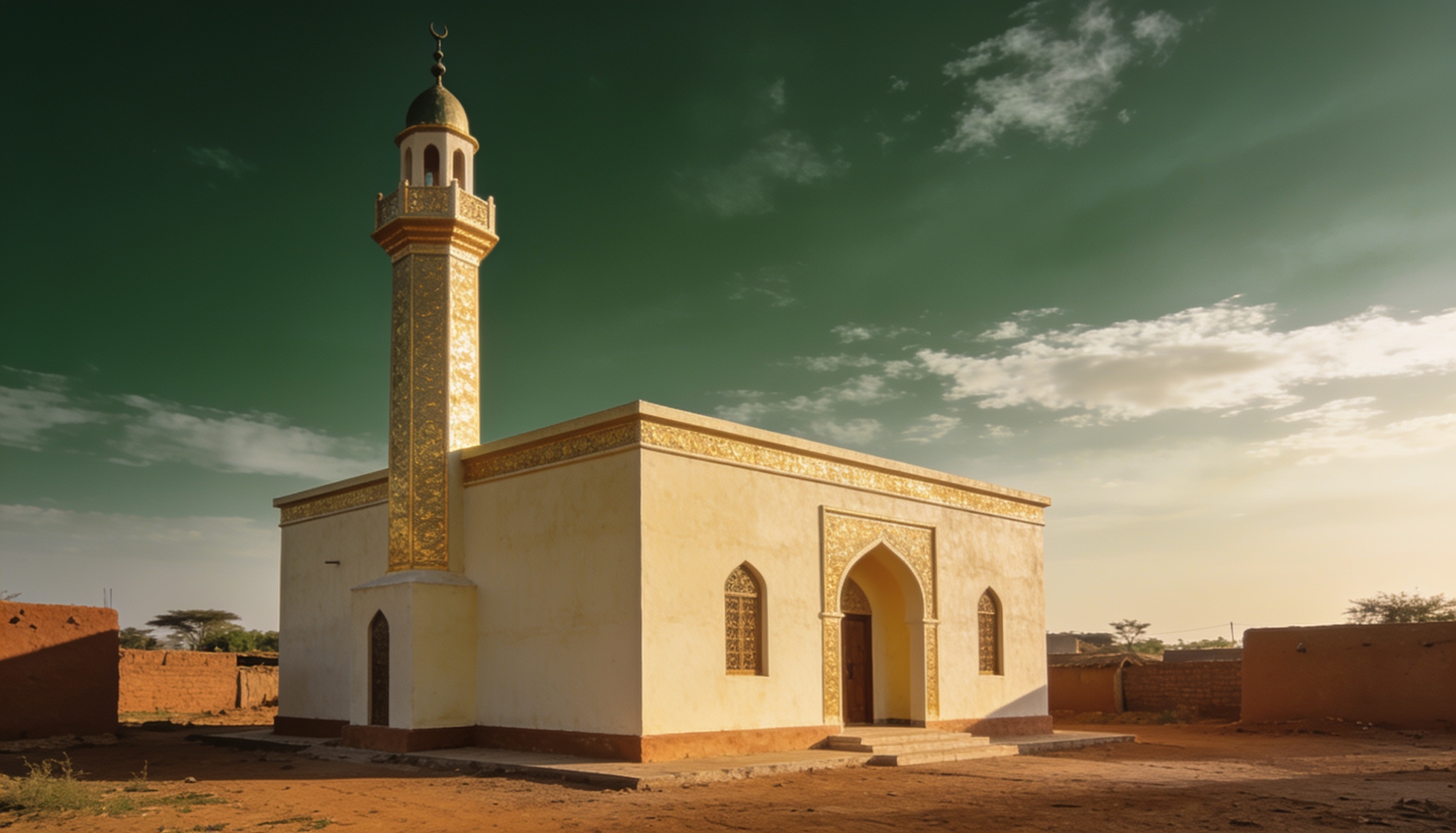 Kırsalda tek minareli, sade beyaz-altın bir köy camisi